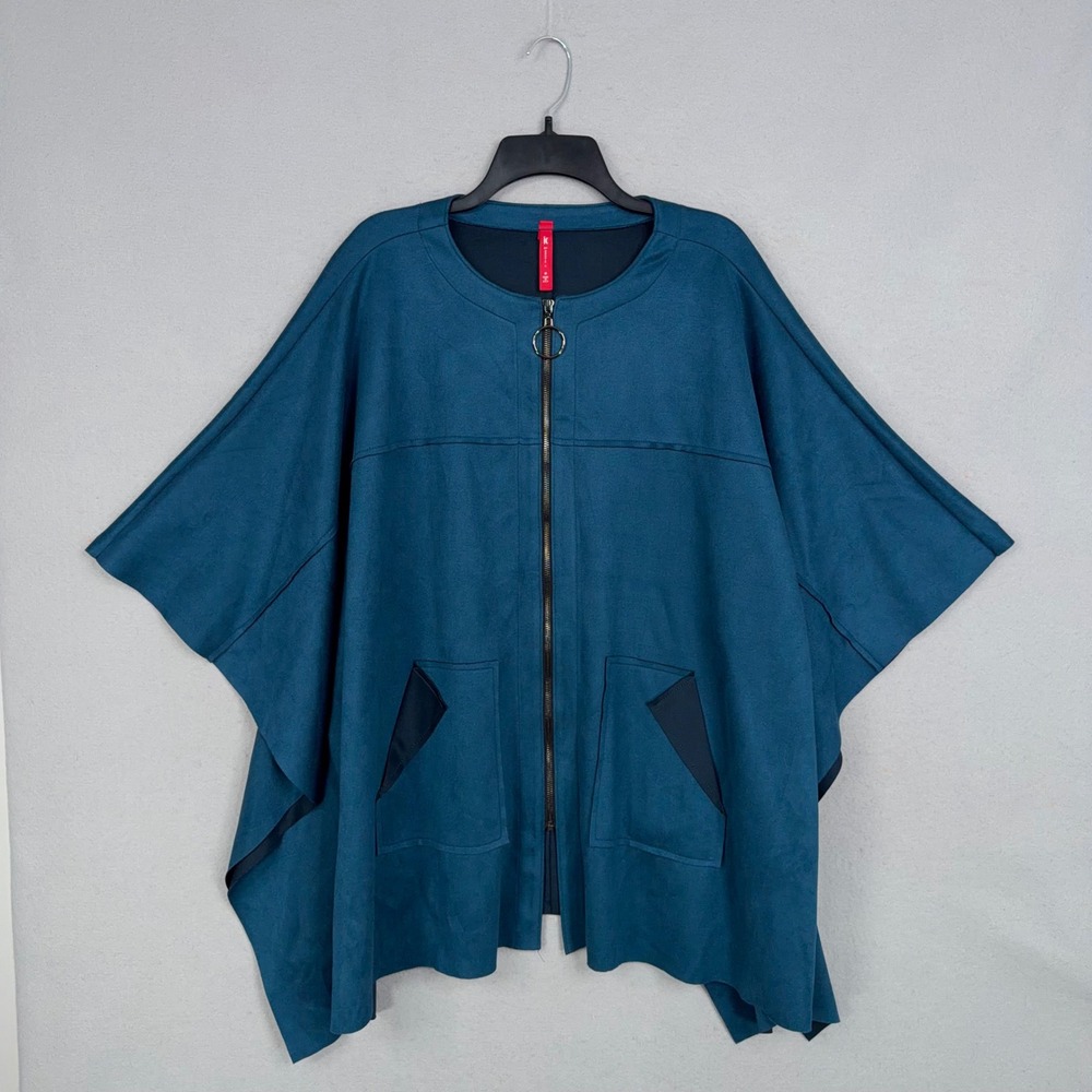 IC by Connie K Poncho Womens Medium Teal Blue Faux Suede Zip Front Cape Modern